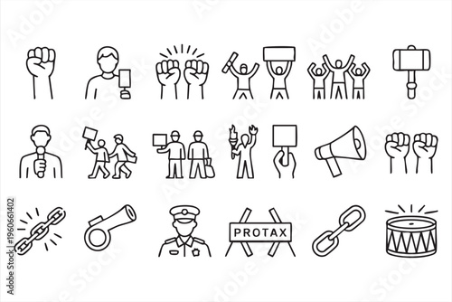 Activism and protest icons collection with megaphone banners and freedom symbols for campaigns