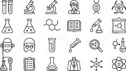 Science lab icon set with chemistry biology research equipment and laboratory tools