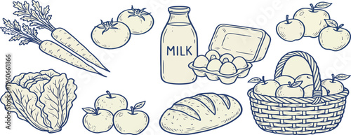 Farm market food set outline sketch vector illustration
