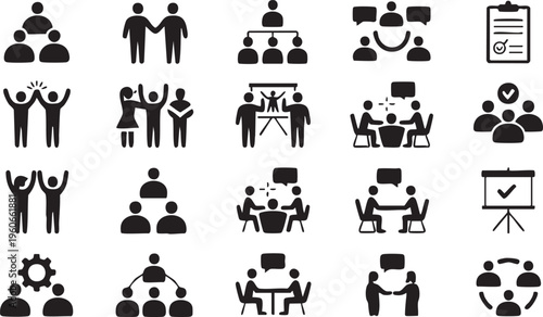 Business teamwork icons collection with group discussion partnership and organization elements