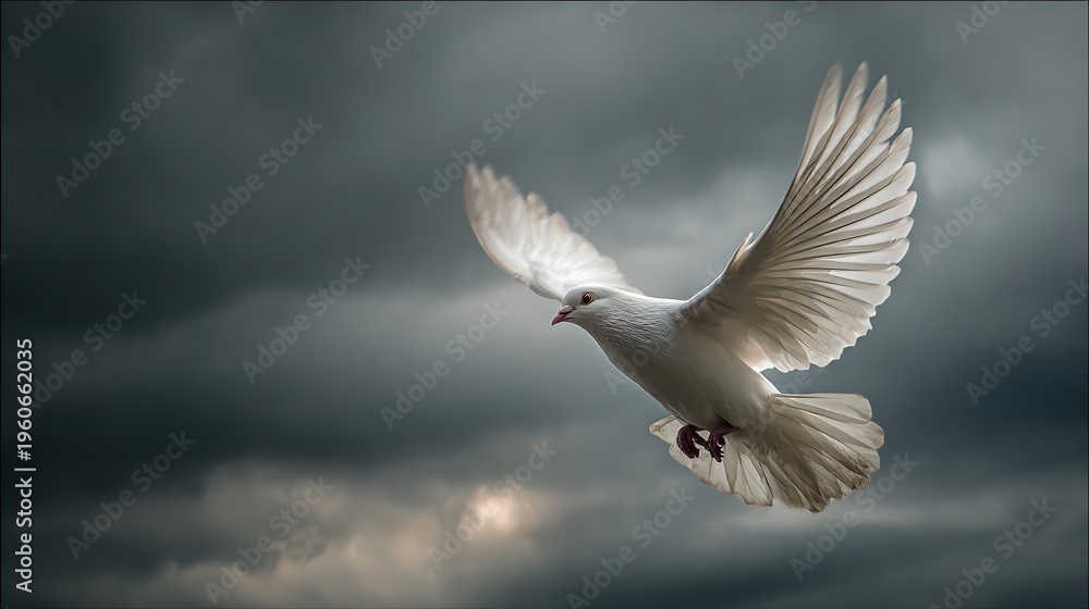 Fototapeta premium White dove flying in cloudy sky.