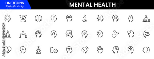 Mental Health Line Editable Icons set. Vector illustration in modern thin line style of medical icons: components of a healthy lifestyle and mental balance.