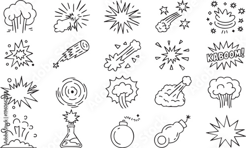Explosion line icons featuring blast smoke and impact effects for action design
