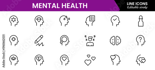 Mental Health Line Editable Icons set. Vector illustration in modern thin line style of medical icons: components of a healthy lifestyle and mental balance.