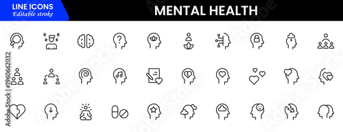 Mental Health Line Editable Icons set. Vector illustration in modern thin line style of medical icons: components of a healthy lifestyle and mental balance.