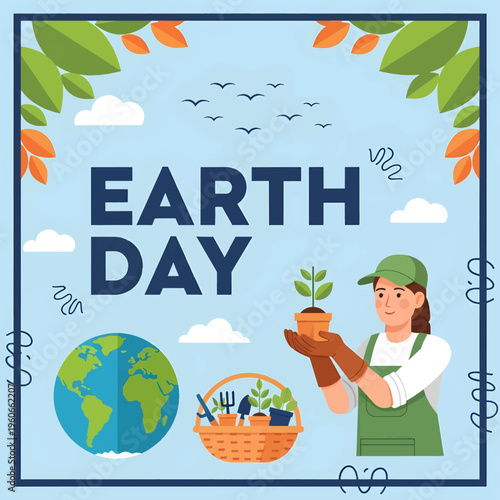 Earth Day concept with a woman holding a plant and eco friendly items