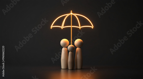 A glowing umbrella protects three wooden figures representing a family, symbolizing protection and security.