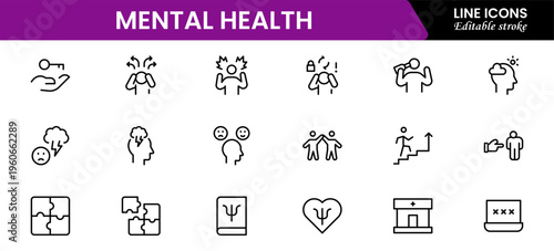 Mental Health Line Editable Icons set. Vector illustration in modern thin line style of medical icons: components of a healthy lifestyle and mental balance.