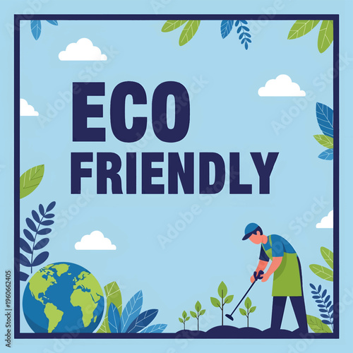 Eco friendly concept with person planting trees and globe on blue background