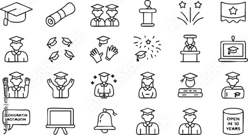 Student graduation icon pack with diploma cap and university education symbols