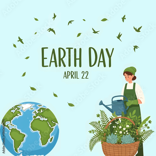 Earth Day celebration with woman gardening and globe on blue background