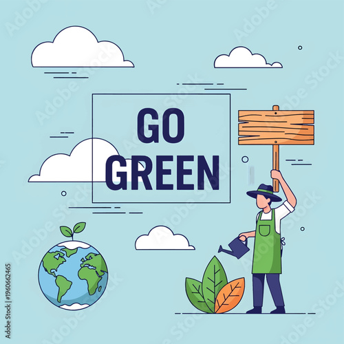Eco friendly concept with person holding go green sign and plants