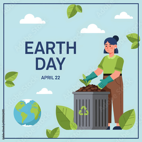 Woman Planting Green Sprout in Recycling Bin on Earth Day