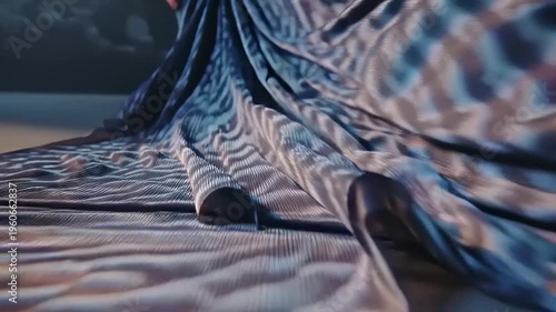 Model showcases premium fabric textures on a runway highlighting detailed patterns.