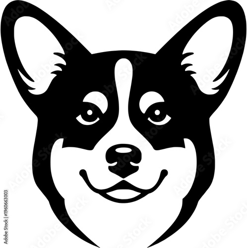 Corgi dog head silhouette, front facing black vector icon