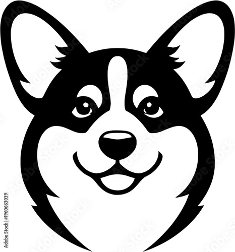 Corgi dog head silhouette, front facing black vector icon