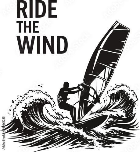 A striking black and white illustration depicts a windsurfer gracefully riding ocean waves showcasing the dynamic interaction between athlete and nature s power high quality ... See More
