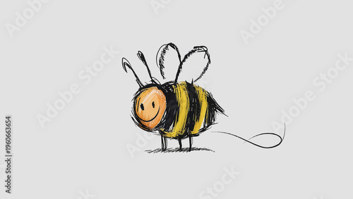 Hand drawn bumblebee illustration with expressive black ink lines and yellow color accents.