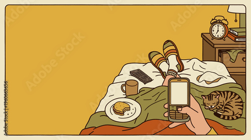Top view of a person lying in bed with a phone, snacks, coffee and a sleeping cat. Yellow background. Space for text.