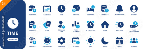 Time icon collection featuring timesheet, work time, time management, leave and schedule symbols. Solid vector icons.
