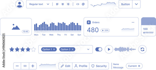 Modern Dashboard User Interface Design. Navigation, Analytics Graph, Buttons, Typography. Stepper Controls for Digital Analytics, Data Visualization, Web Design, Mobile App UI and User Experience