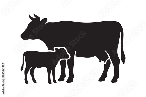 Silhouette of a cow with horns and its calf, farm livestock family icon, beef cattle mother and newborn heifer vector.
