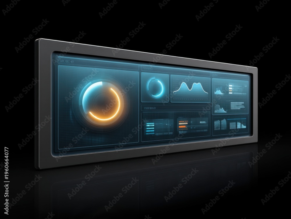 Fototapeta premium Futuristic Digital Interface Display with Dynamic Charts and Graphs on a Dark Background