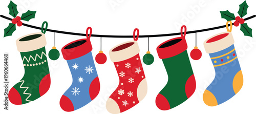  Festive row of Christmas stockings hanging vector illustration.