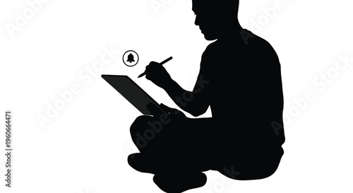 Black silhouette of a man using a tablet and stylus, digital illustration, modern technology concept, vector graphics