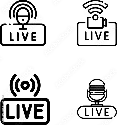 Live streaming line icon set for podcast, video broadcast, and social media.