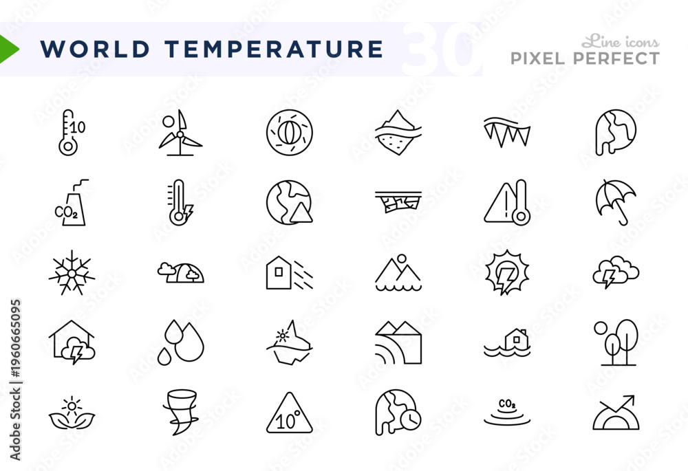 Fototapeta premium World Temperature line icon set. Clouds, rain, storms, temperature symbols, weather, climate change, seasonal elements, tornado, thunder vector icons. Editable stroke