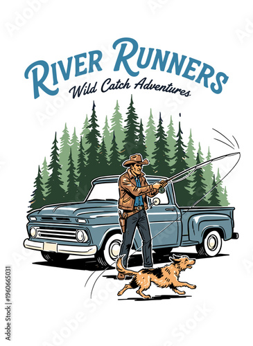 Vintage fishing adventure graphic with cowboy fisherman, classic pickup truck, and dog in pine forest, retro outdoor t-shirt design illustration