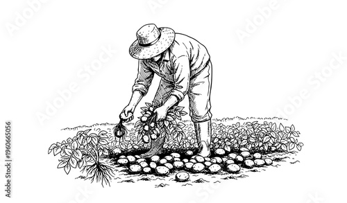 Farmer picking potatoes harvest sketch black white agriculture field vector hand drawn rural illustration