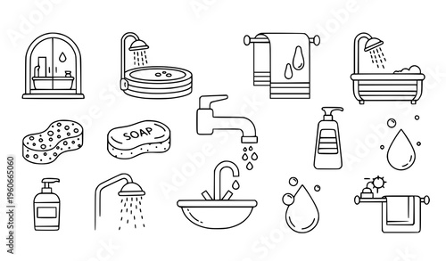 Shower and Bath Line Icon Collection Black and White Bathroom Outline Symbols