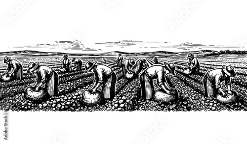 Vintage potato harvest farming scene black white engraved vector illustration rural workers in field landscape