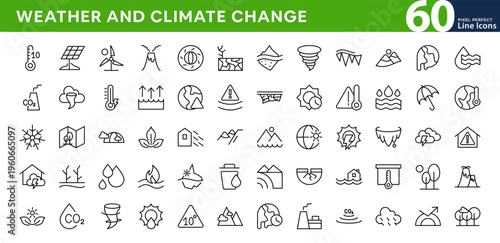 Weather and Climate Change line icon set.  Sun, clouds, rain, storms, temperature symbols, seasonal elements, tornado, thunder outline vector icons. Editable stroke