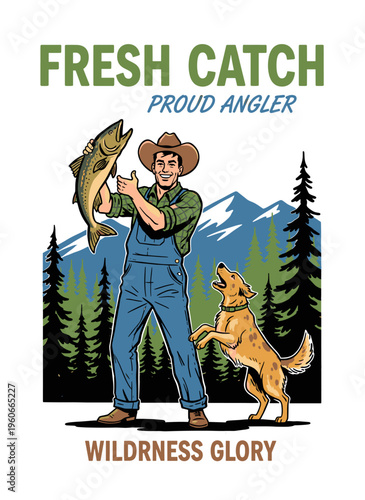 Fresh catch proud angler holding big fish with dog in mountain wilderness, vintage retro graphic illustration for t-shirt and poster design