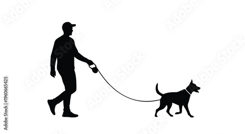 Black silhouette, dog walking, pet owner, leash vector