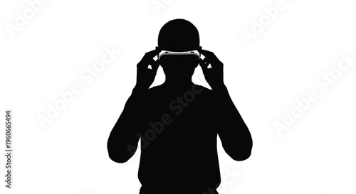 Silhouette of a person wearing virtual reality headset, black, vector icon