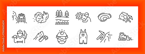 Mining worker activity set icon. Train transport, falling rocks, forest land, cutting process, drilling worker, water wave, rock drilling, miner portrait, work overalls, mountain digging
