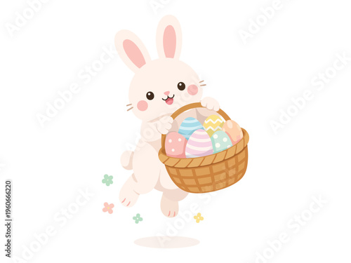 A cute white easter bunny jumping happily while carrying a woven basket full of colorful eggs