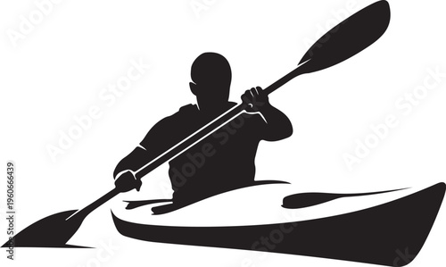 Kayaking silhouette, black kayak icon, paddling vector, outdoor sports graphics
