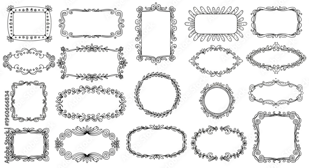 Fototapeta premium Collection of 25 Hand-Drawn Decorative Frames and Borders, Vintage Style, Isolated on White