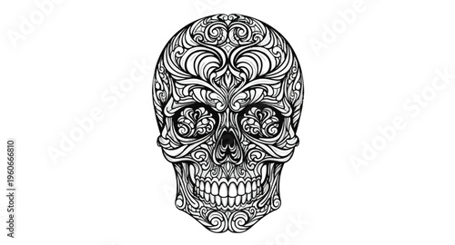 Intricate black and white sugar skull with floral patterns