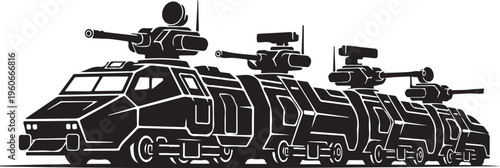 Military tank, armored vehicle, combat truck, black silhouette, vector illustration