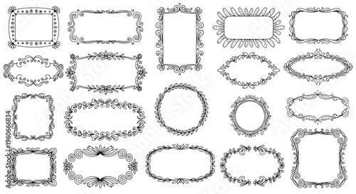 Collection of 25 Hand-Drawn Decorative Frames and Borders, Vintage Style, Isolated on White