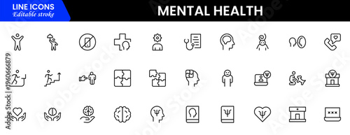 Mental Health Line Editable Icons set. Vector illustration in modern thin line style of medical icons: components of a healthy lifestyle and mental balance.
