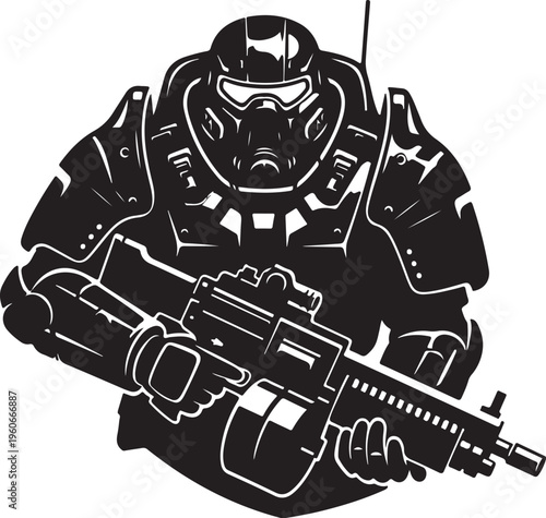 Futuristic soldier, cyber warfare, black and white vector, military robot, sci-fi illustration