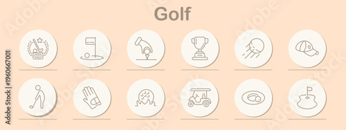 Golf set icon. Line symbols depict golf award, flag hole, swing action, trophy cup, ball motion, cap hat, player swing, glove gear, ball grass, golf cart, putting hole, course flag.