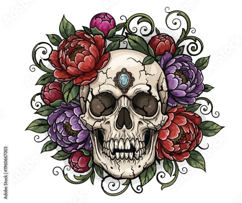 Intricate skull and floral design with vibrant peonies and leaves